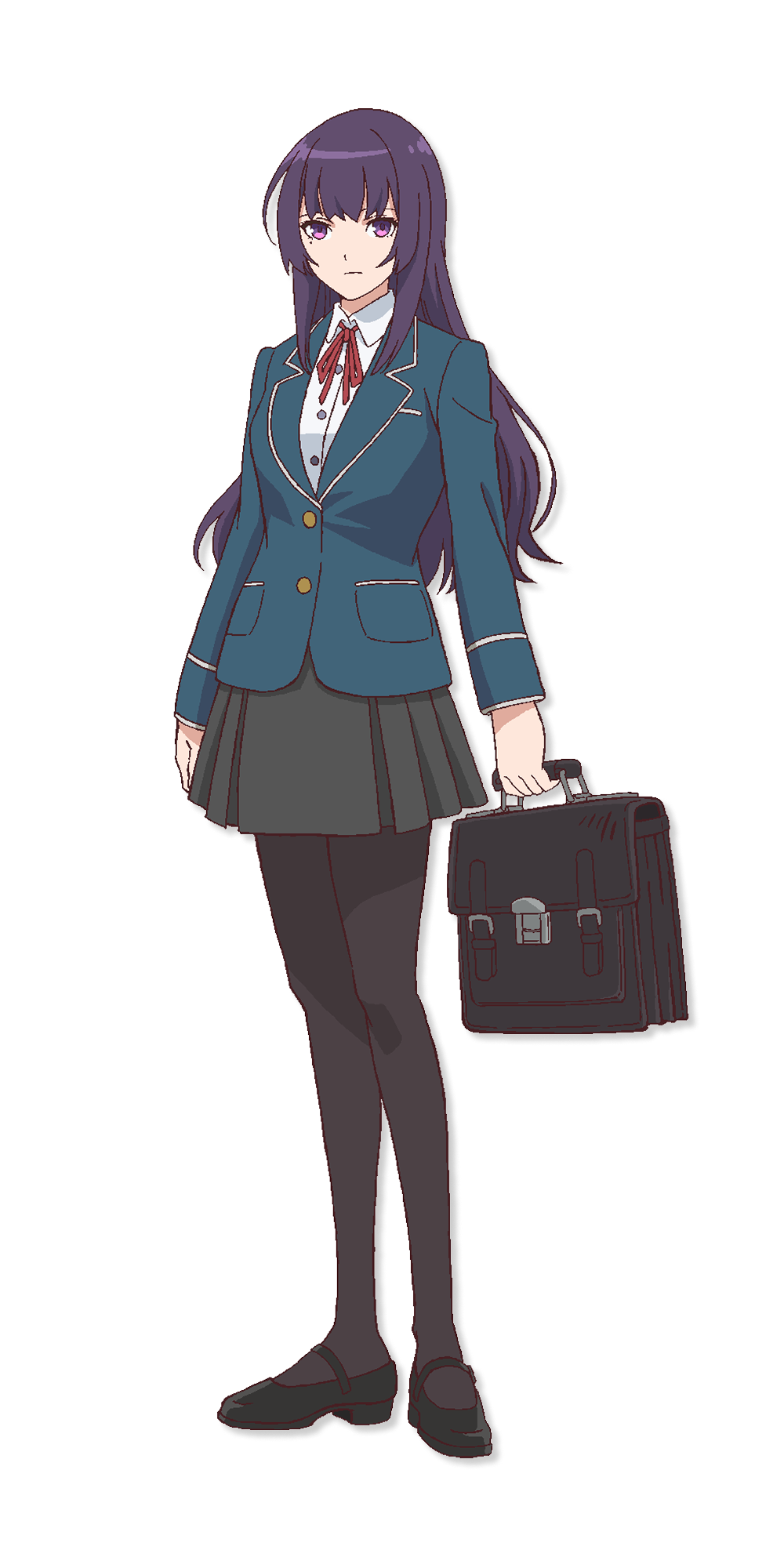 1girl, bag, black_shoes, breasts, closed_mouth, full_body, grey_skirt, highres