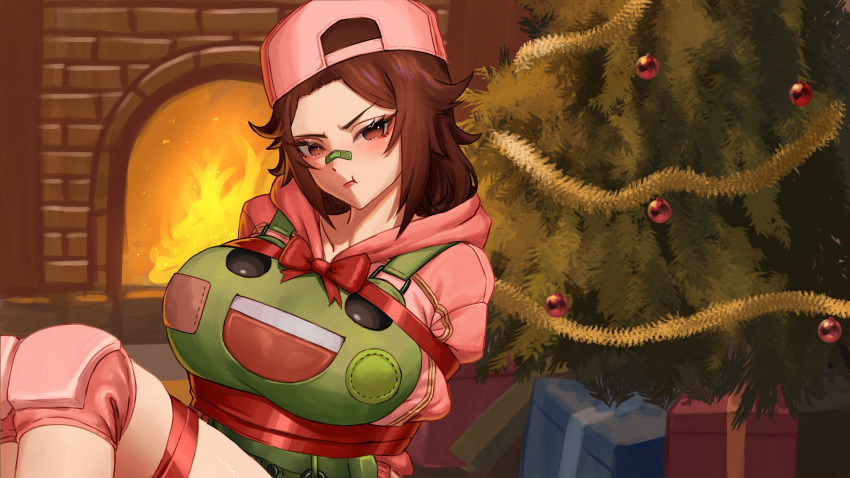1girl, absurdres, animal_print, annoyed, ari_yugito, arms_behind_back, backwards_hat, bandaid, bandaid_on_face, bandaid_on_nose, baseball_cap, bethy, blush, bound, box, breasts, brown_eyes, brown_hair, christmas_ornaments, christmas_tree, closed_mouth, collarbone, commentary, commission, commissioner_upload, english_commentary, eyelashes, fire, fireplace, frog_print, gift, gift_box, green_overalls, hat, highres, hood, hood_down, hoodie, indie_virtual_youtuber, indoors, knee_pads, knees_up, large_breasts, light_particles, lips, looking_at_viewer, medium_hair, overalls, pink_hat, pink_hoodie, red_ribbon, ribbon, ribbon_bondage, sitting, skindentation, solo, suspenders, tomboy, upper_body, virtual_youtuber