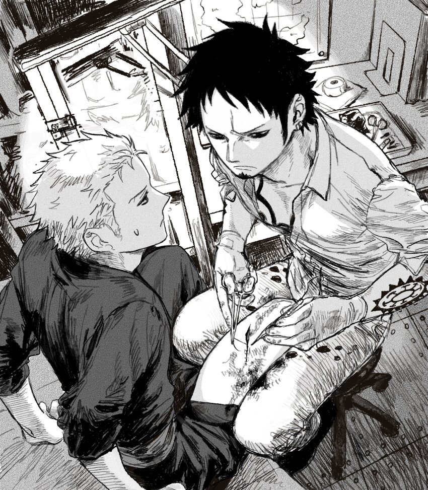 2boys, 53_(kanimisomrmr), arm_tattoo, chest_tattoo, closed_mouth, commentary_request, facial_hair, frown