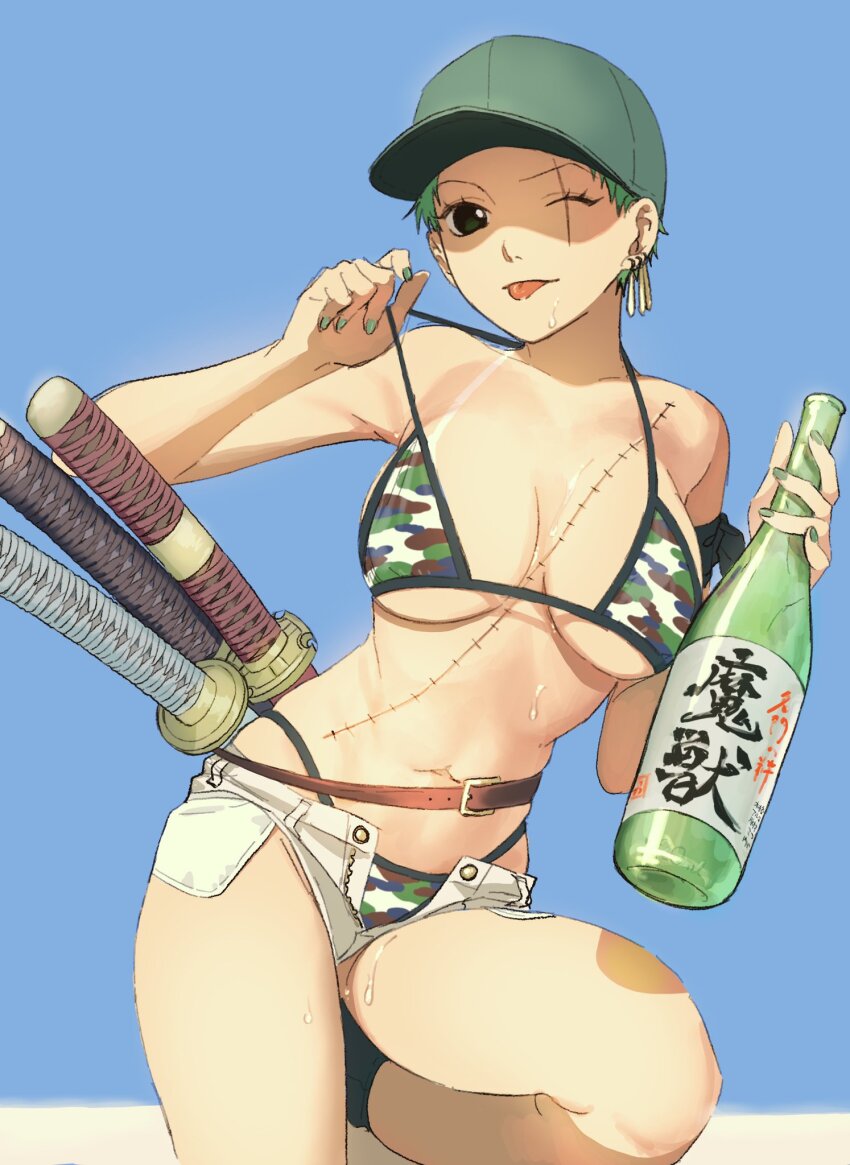 1girl, 53_(kanimisomrmr), belt, bikini, blue_background, bottle, breasts, camouflage, camouflage_bikini, commentary, earrings, genderswap, genderswap_(mtf), green_hair, highres, holding, holding_bottle, jewelry, large_breasts, looking_at_viewer, navel, one_eye_closed, one_piece, open_fly, roronoa_zoro, scar, scar_across_eye, scar_on_face, short_hair, short_shorts, shorts, solo, stitched_torso, stitches, strap_pull, swimsuit, sword, tan, tanline, tongue, tongue_out, translation_request, weapon, white_shorts