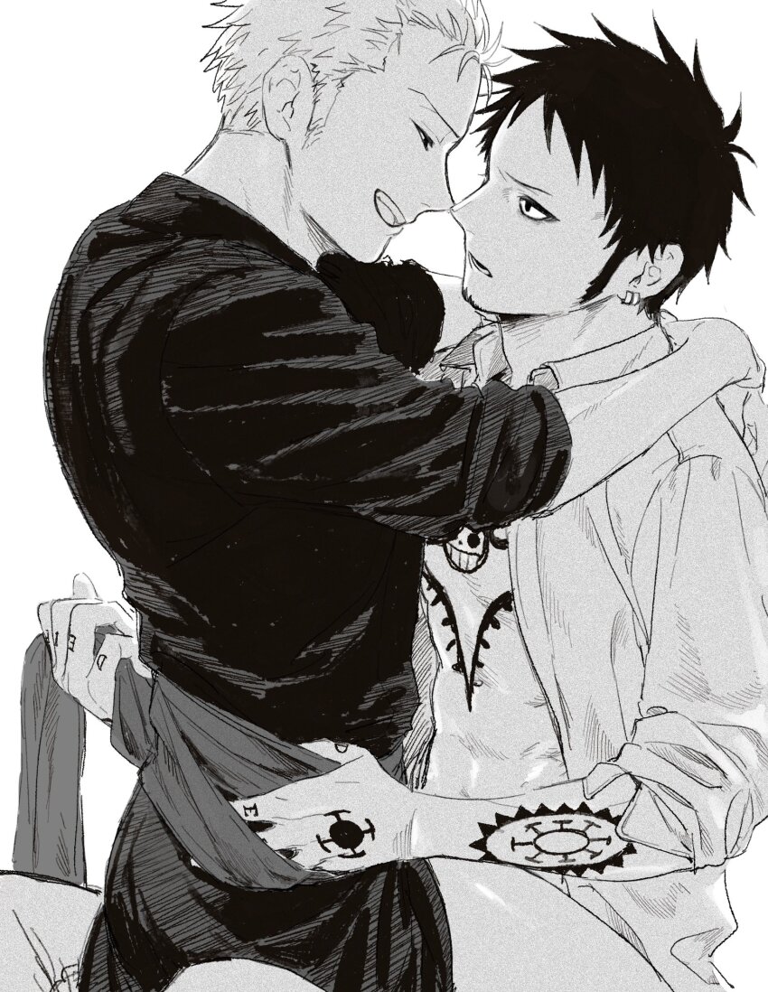 2boys, 53_(kanimisomrmr), arm_tattoo, chest_tattoo, commentary_request, earrings, greyscale, grin