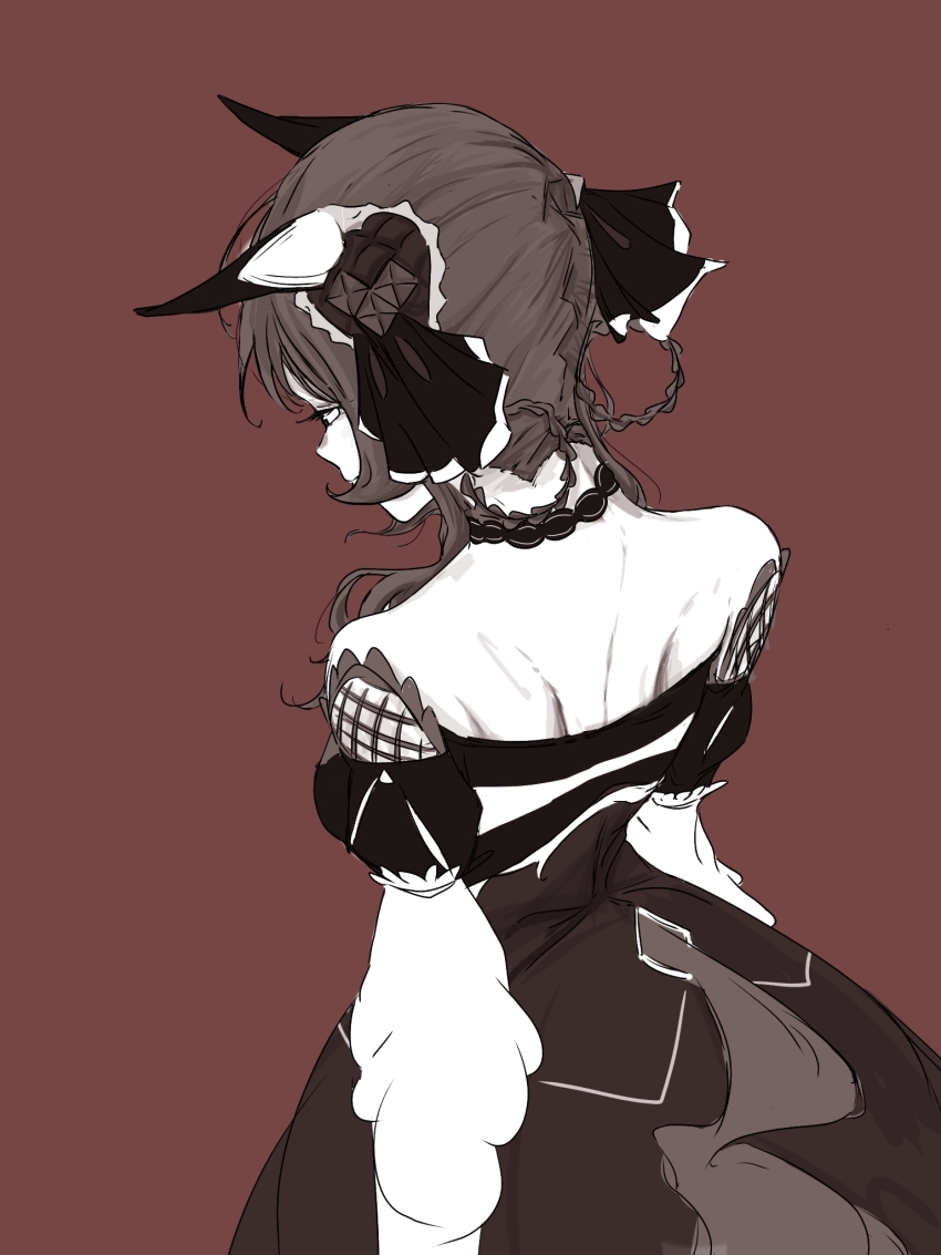 1girl, animal_ears, bare_shoulders, braid, braided_hair_rings, brown_background, clothing_cutout, detached_sleeves