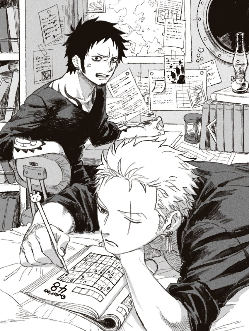 2boys, 53_(kanimisomrmr), angry, book, bookshelf, closed_mouth, commentary_request, earrings