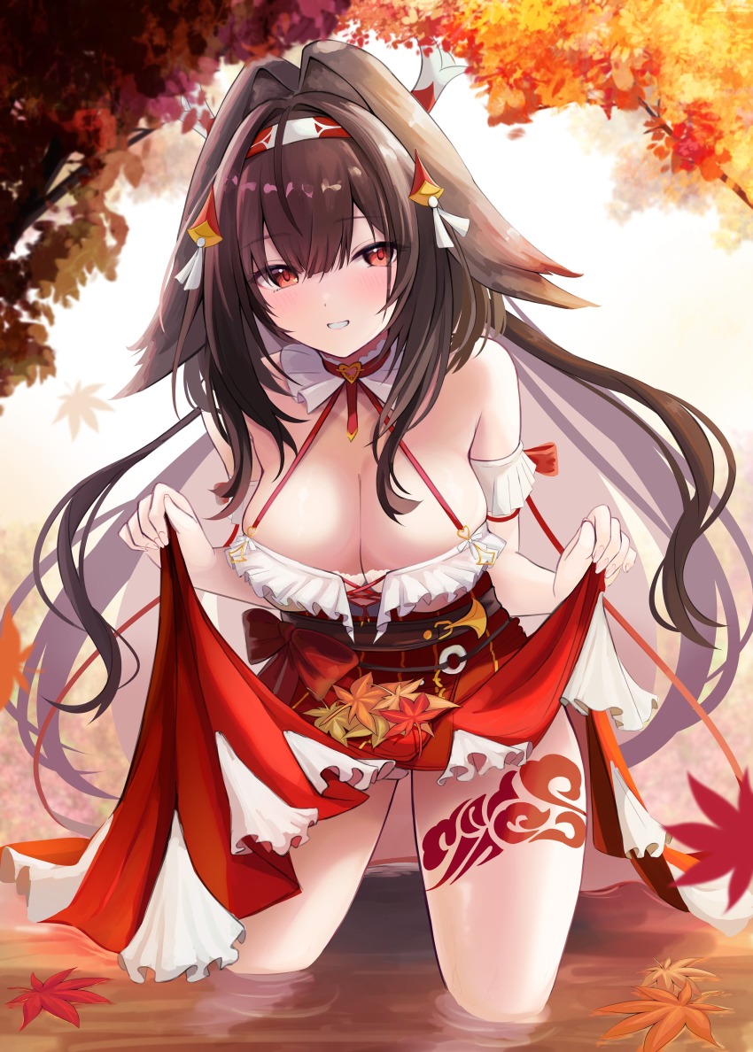 1girl, absurdres, bare_legs, bare_shoulders, black_hair, blush, boots, breasts