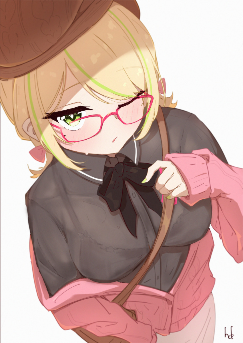 1girl, absurdres, artist_name, bag, beret, black_shirt, blonde_hair, blush
