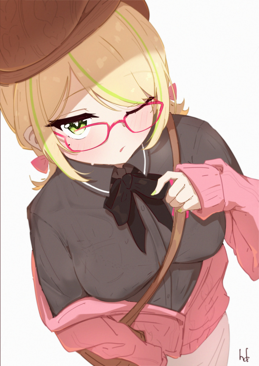 1girl, absurdres, artist_name, bag, beret, black_shirt, blonde_hair, blush