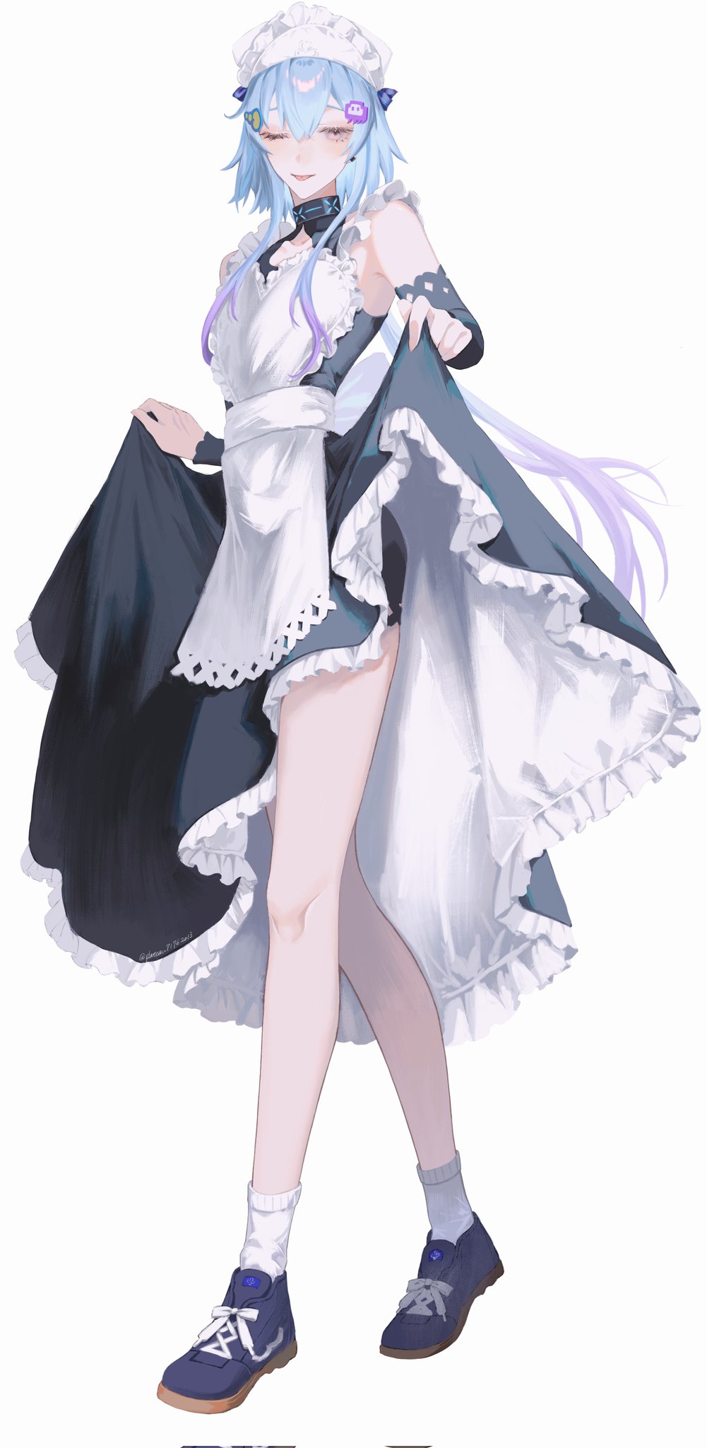 1boy, apron, arknights, blue_hair, clothes_lift, crossdressing, crossdressing_(mtf), dress, dress_lift, frilled_dress, frills, full_body, gradient_hair, highres, long_hair, looking_at_viewer, maid, maid_apron, maid_headdress, mizuki_(arknights), multicolored_hair, nate71762013, purple_hair, socks, solo, trap, very_long_hair, walking, white_background, white_socks