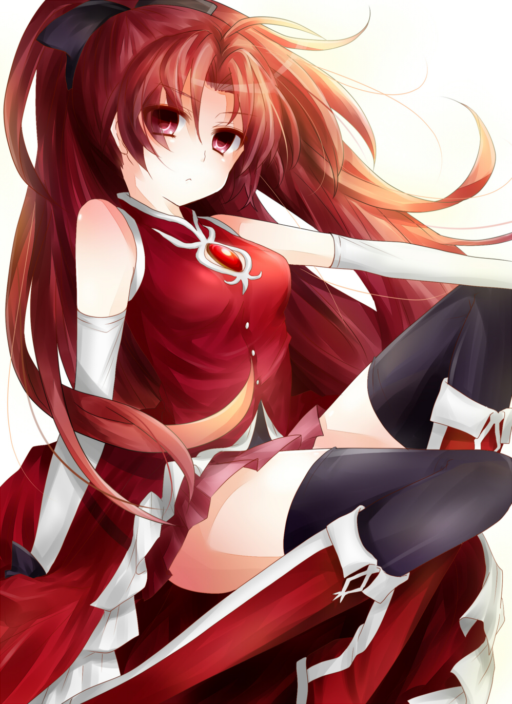 10s, 1girl, bad_id, bad_pixiv_id, bare_shoulders, black_thighhighs, boots, bow