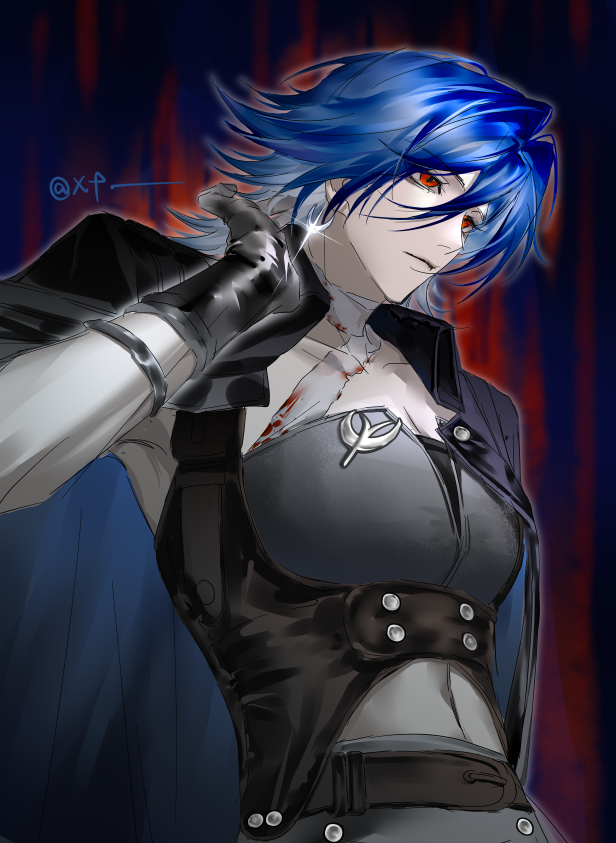 1girl, bandages, black_gloves, blood, bloody_bandages, blue_hair, breasts, ceto_(path_to_nowhere)