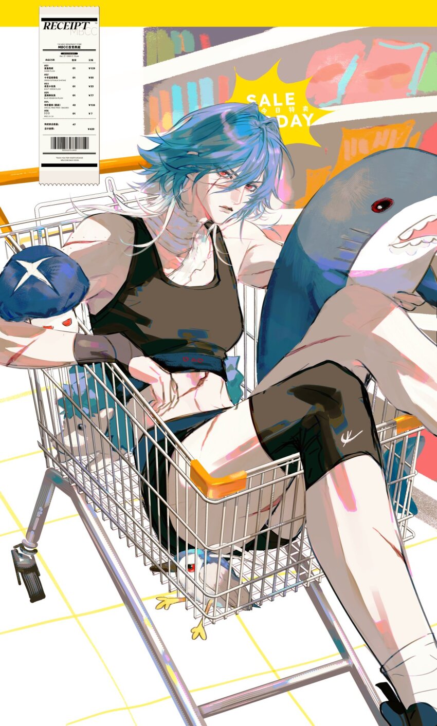 1girl, bandages, black_tank_top, blue_hair, ceto_(path_to_nowhere), crop_top, czyw01, highres