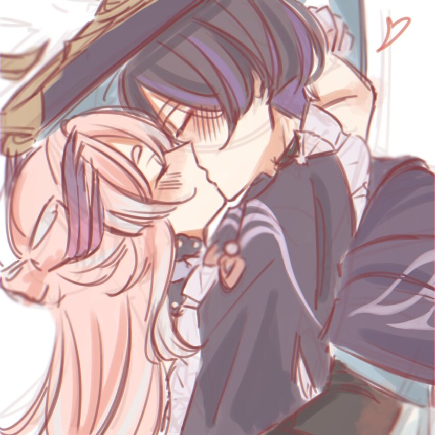 1boy, 1girl, armor, arms_around_neck, black_hair, black_hat, black_kimono, black_sleeves