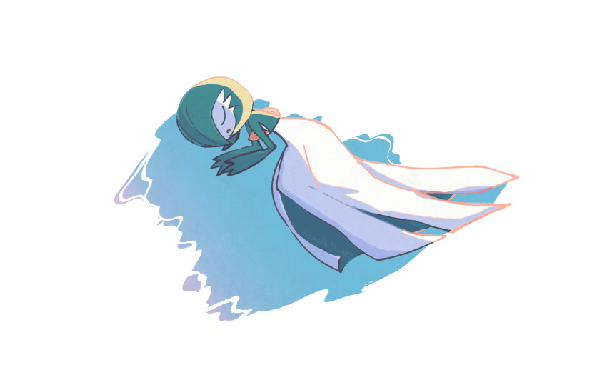 1girl, backlighting, blue_background, bob_cut, closed_eyes, colored_skin, female_focus, flat_chest, full_body, gardevoir, gen_3_pokemon, green_hair, green_skin, hair_over_one_eye, hands_up, highres, lying, multicolored_skin, nama86, nintendo, on_side, one_eye_covered, open_mouth, own_hands_together, pokemon, pokemon_(creature), short_hair, sleeping, solo, two-tone_skin, u_u, white_skin