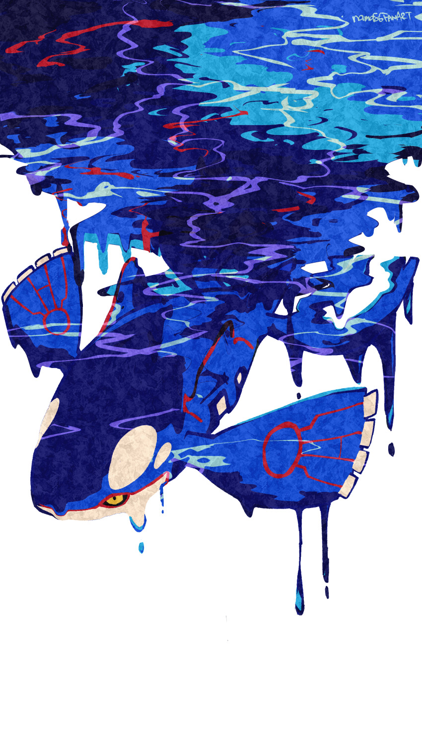 absurdres, animal_focus, artist_name, black_sclera, caustics, closed_mouth, colored_sclera, dripping, english_text, gen_3_pokemon, highres, kyogre, legendary_pokemon, looking_afar, nama86, neon_trim, nintendo, no_humans, pokemon, pokemon_(creature), signature, simple_background, solo, water, white_background, yellow_eyes