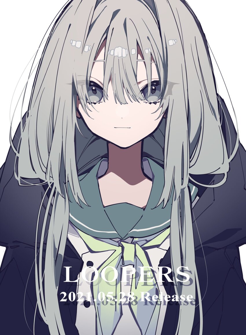 1girl, black_jacket, closed_mouth, collared_shirt, grey_eyes, grey_hair, hair_between_eyes, highres