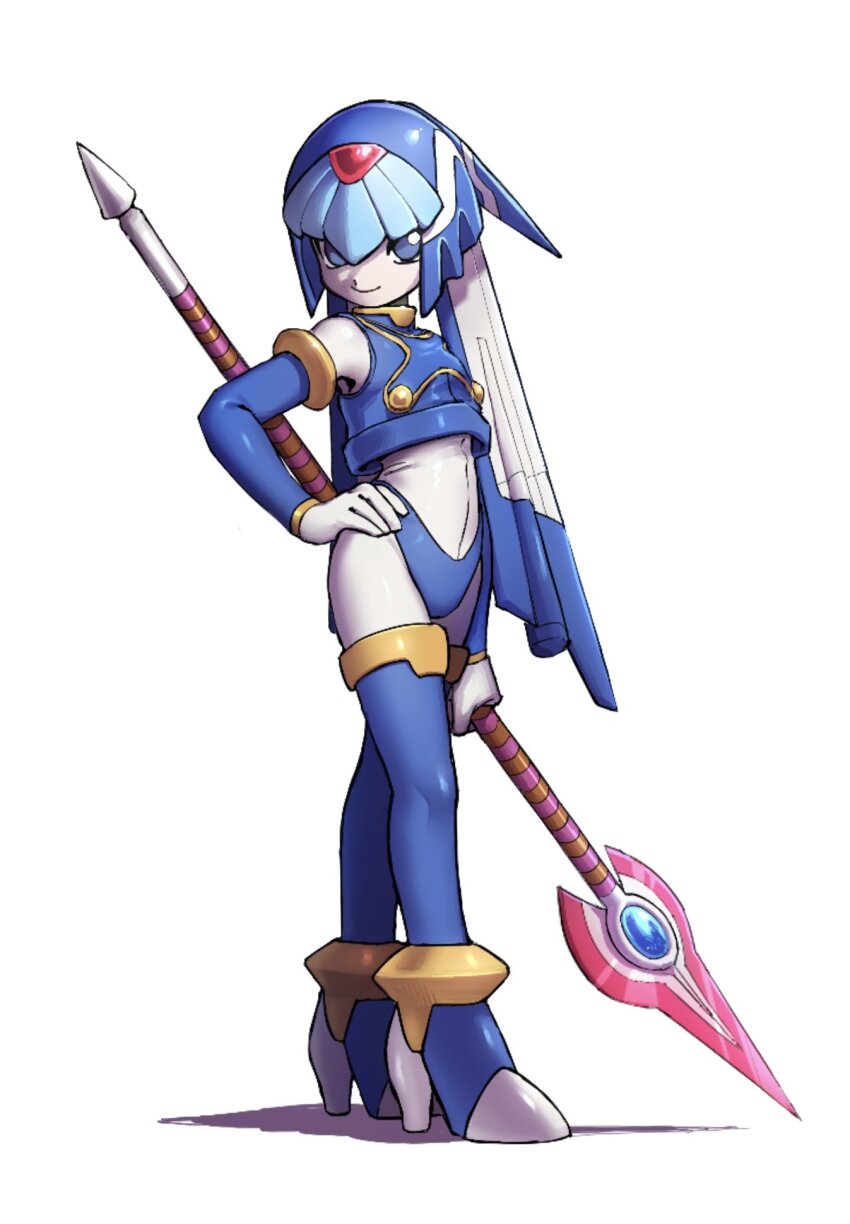 1girl, android, armor, blue_armor, blue_eyes, blue_helmet, blue_thighhighs, breasts, crop_top, fairy_leviathan_(mega_man), fins, forehead_jewel, gem, hand_on_own_hip, head_fins, helmet, high_heels, highres, holding, holding_polearm, holding_weapon, humanoid_robot, mega_man_(series), mega_man_zero_(series), nakayama_tooru_(style), noro_zt, official_style, polearm, robot, robot_girl, simple_background, small_breasts, solo, standing, thighhighs, weapon, white_background