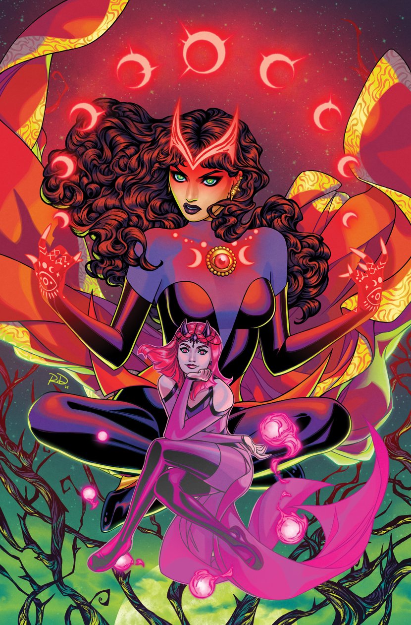 2girls, amaranth_(marvel), avengers_(series), breasts, brown_hair, clothing_cutout, comic_cover, commentary, curly_hair, earrings, elbow_gloves, english_commentary, eye_of_agamotto, eyeshadow, fake_horns, fingerless_gloves, gloves, glowing_markings, green_eyes, highres, horns, indian_style, initial, invisible_chair, jewelry, long_hair, looking_at_viewer, magic, makeup, marvel, medium_breasts, multiple_girls, official_alternate_costume, official_art, pink_eyes, pink_hair, purple_eyeshadow, purple_lips, russell_dauterman, scarlet_witch, shoulder_cutout, sitting, superhero_costume, wanda_maximoff, western_comics_(style), witch