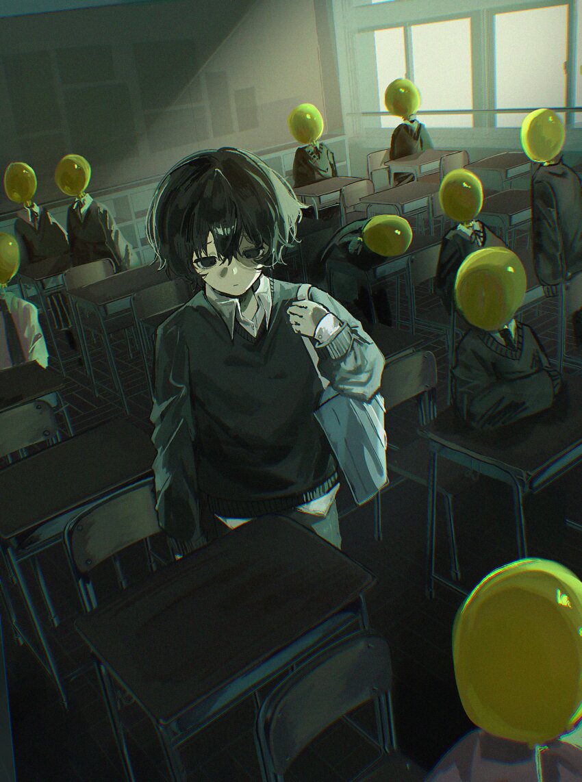 1boy, 6+others, absurdres, bag, black_eyes, black_hair, black_sweater, chair, classroom, desk, expressionless, highres, indoors, john_m, long_sleeves, male_focus, multiple_others, object_head, original, school_bag, school_chair, school_desk, short_hair, sitting, standing, sweater, window, wing_collar