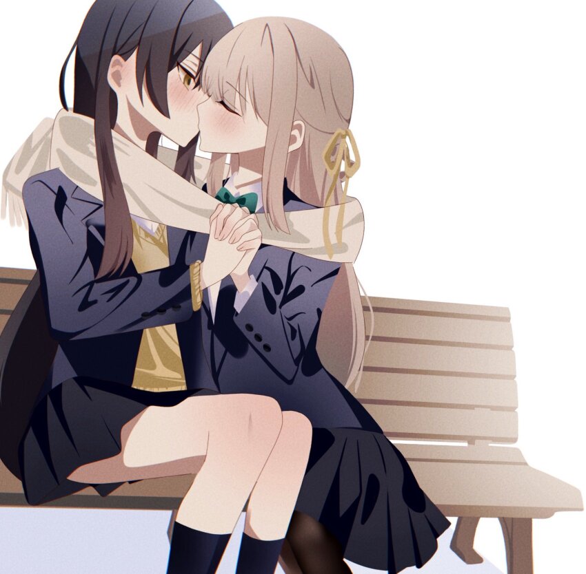2girls, bench, black_jacket, black_pantyhose, black_skirt, black_socks, blazer, blush