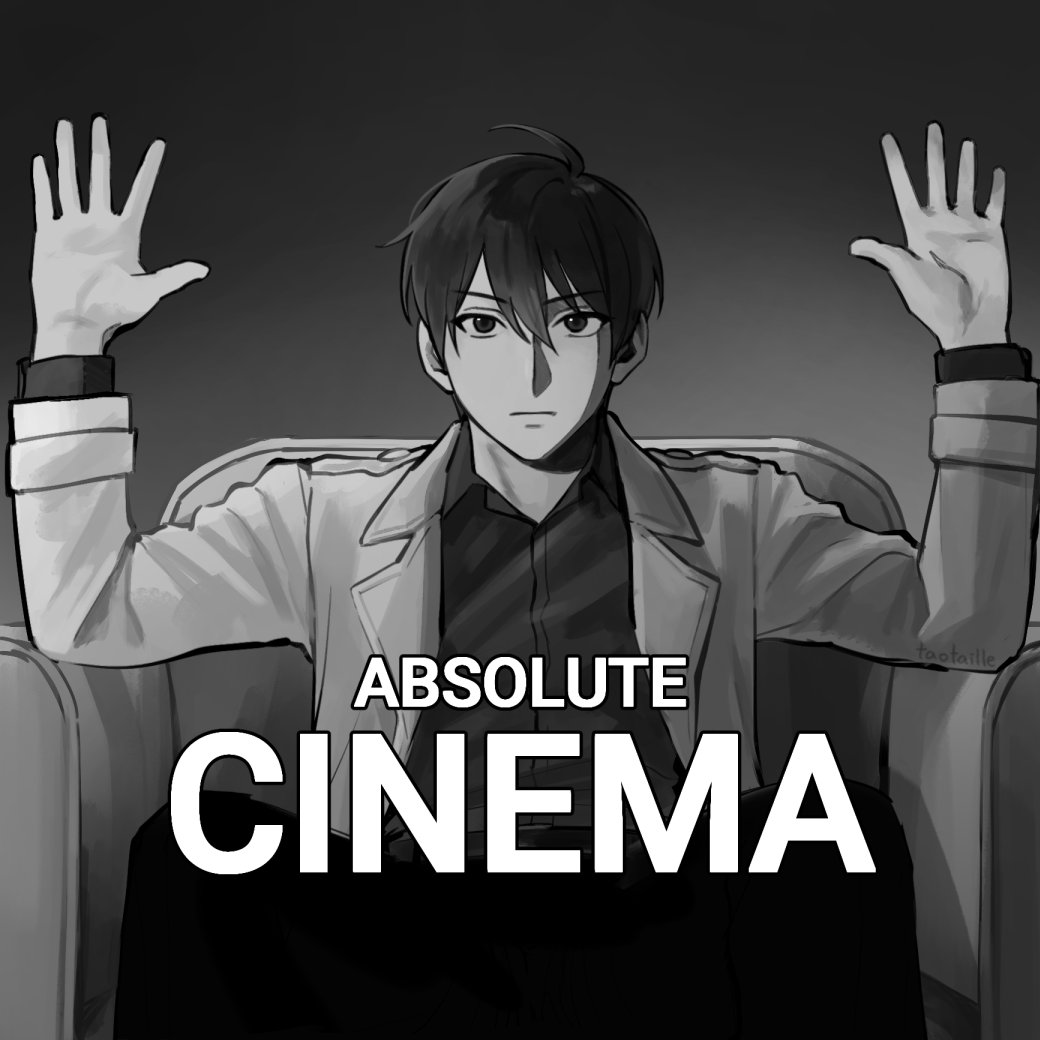 :|, absolute_cinema_(meme), black_hair, black_shirt, chair, closed_mouth, coat, collared_shirt