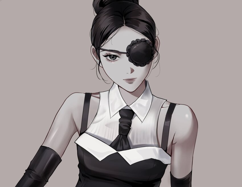 1girl, black_gloves, black_hair, black_necktie, closed_mouth, collared_shirt, commentary, elbow_gloves