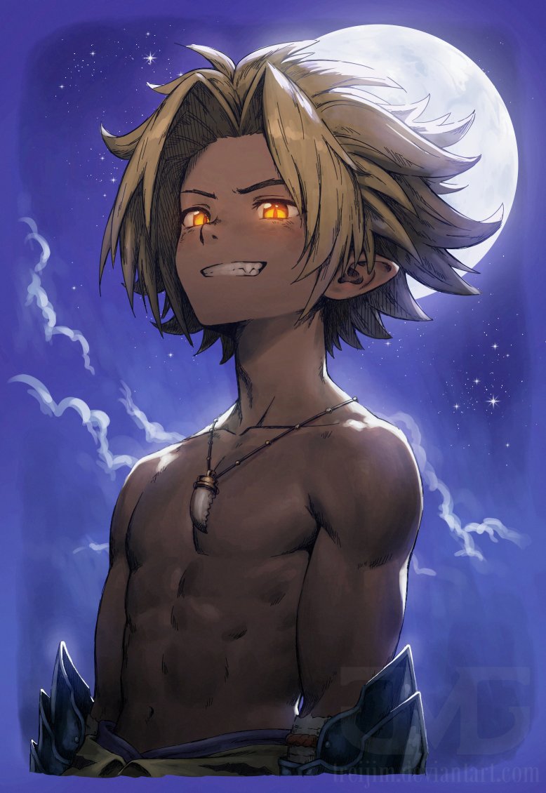 1boy, blonde_hair, commentary, dark-skinned_male, dark_skin, english_commentary, jewelry, kevin_(seiken_densetsu_3)