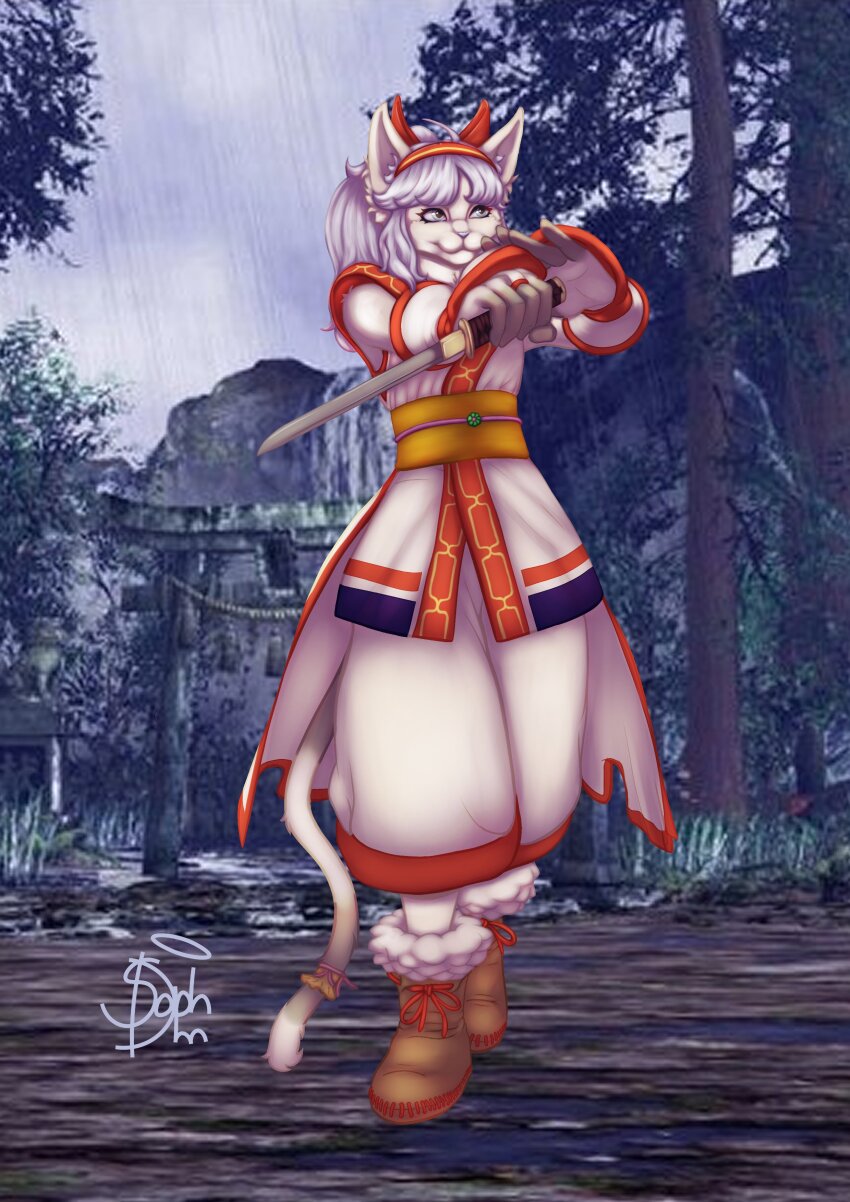 1girl, absurdres, ainu_clothes, artist_name, blue_eyes, boots, breasts, cat_girl