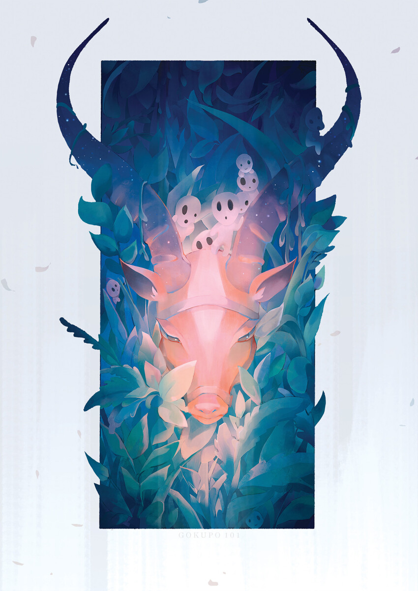 animal_focus, antelope, antelope_horns, artist_name, closed_mouth, forest, gokupo101, highres