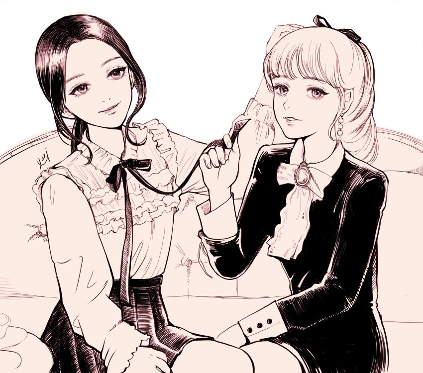 2girls, blunt_bangs, bow, bowtie, chuu_(loona), commentary, earrings, eyeliner