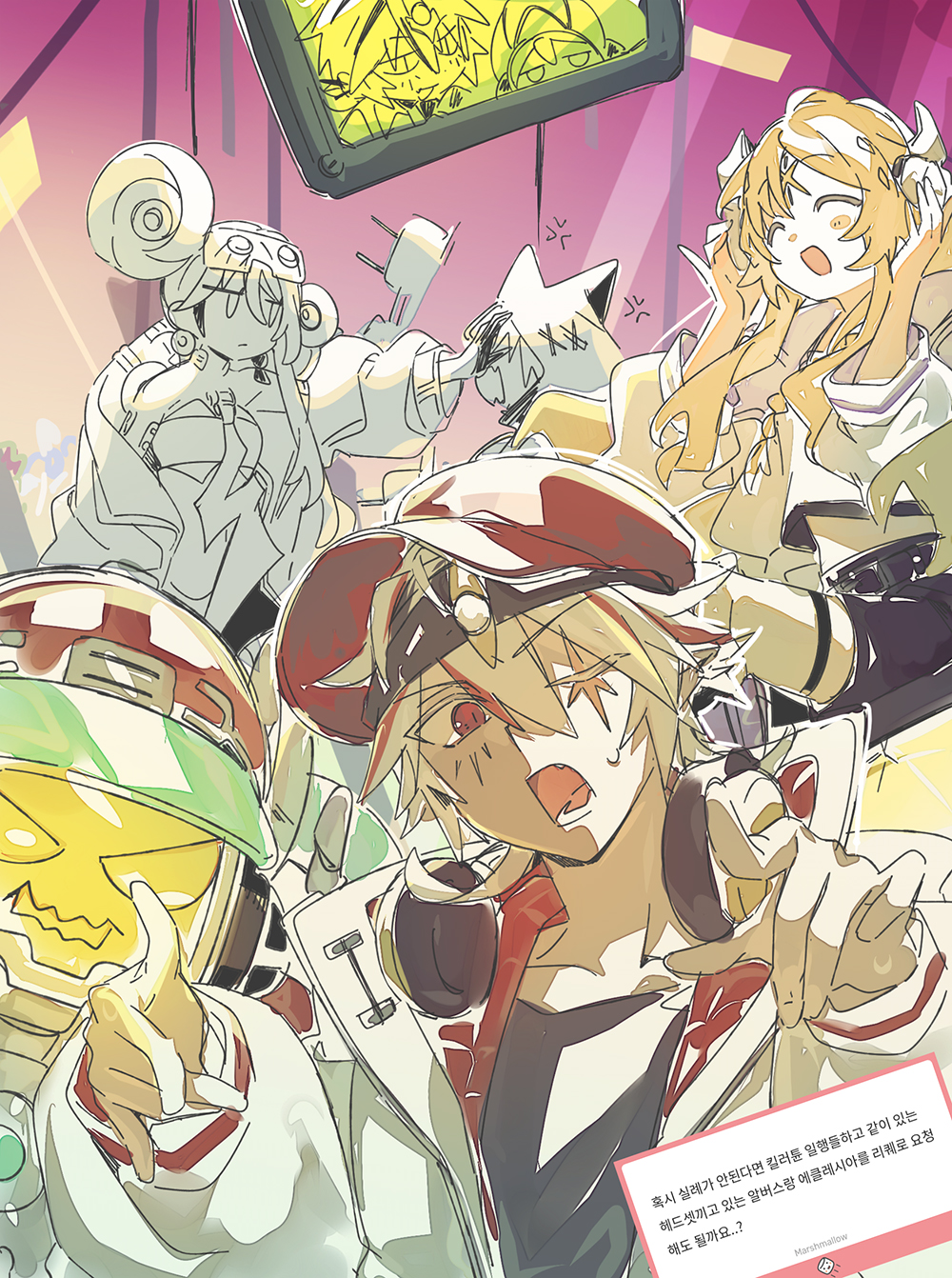 3_ma_me, albaz_(yu-gi-oh!), alternate_costume, aluber_(yu-gi-oh!), baseball_cap, blonde_hair, breasts, character_request, dark-skinned_male, dark_skin, duel_monster, ecclesia_(yu-gi-oh!), facial_mark, forehead_mark, hat, headphones, headphones_around_neck, highres, kewl_tune_clip, kewl_tune_reco, kewl_tune_track_maker, long_hair, multicolored_hair, open_mouth, red_eyes, red_hair, tagme, white_hair, yu-gi-oh!