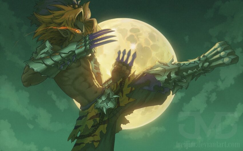 1boy, armor, blonde_hair, claw_(weapon), commentary, dark-skinned_male, dark_skin, english_commentary