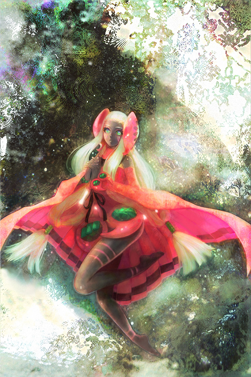 +_+, atlus, bare_shoulders, barefoot, dark-skinned_female, dark_skin, demon_(megami_tensei), detached_sleeves, facial_mark, green_eyes, hair_ornament, hiroko_(keshika), kikuri-hime, long_hair, no_humans, shin_megami_tensei, shin_megami_tensei_iii:_nocturne, solo, white_hair