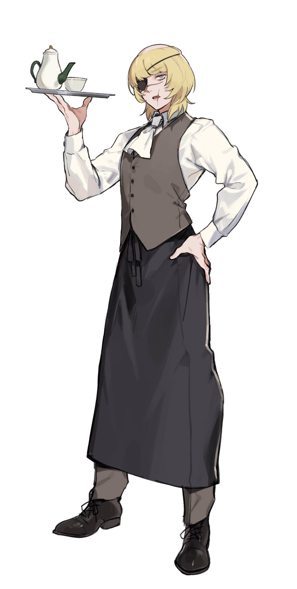 1boy, apron, ascot, badeni, black_apron, black_shoes, blonde_hair, chi.:_chikyuu_no_undou_ni_tsuite