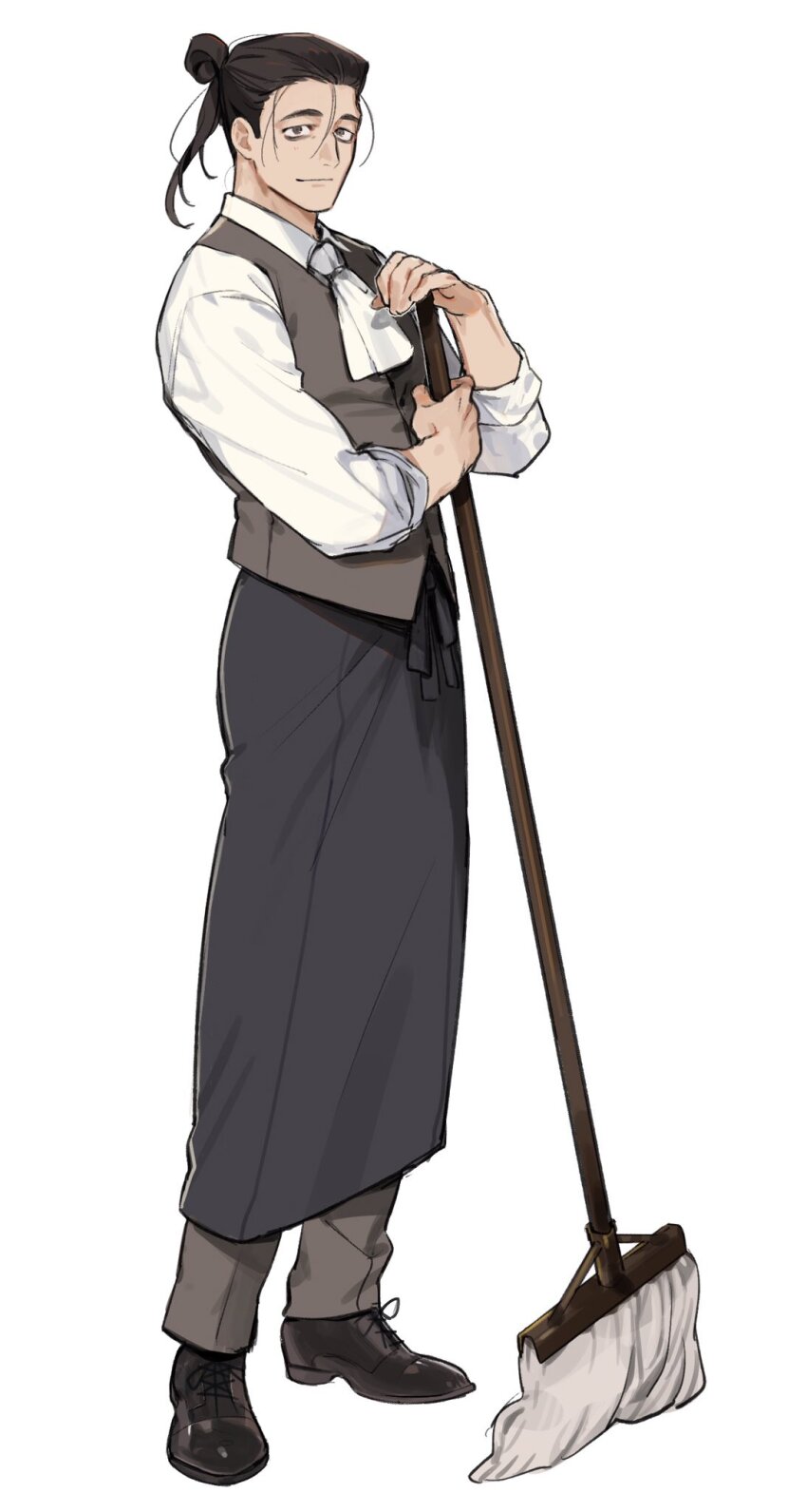 1boy, apron, ascot, black_apron, black_hair, black_shoes, chi.:_chikyuu_no_undou_ni_tsuite, closed_mouth