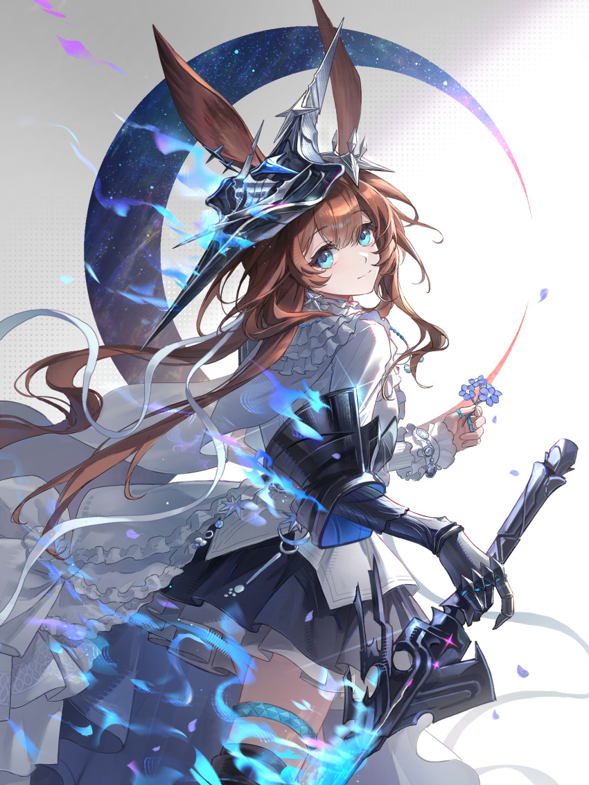 1girl, amiya_(arknights), amiya_(guard)_(arknights), amiya_(guard)_(in_a_myriad_of_universes)_(arknights), animal_ears, arknights, black_skirt, blue_eyes