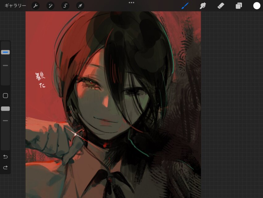 1girl, art_program_in_frame, bare_shoulders, black_choker, black_hair, black_ribbon, chainsaw_man, choker, closed_mouth, collared_shirt, grenade_pin, hair_between_eyes, highres, light_smile, medium_hair, neck_ribbon, red_background, reze_(chainsaw_man), ribbon, sakitsu, shirt, sleeveless, sleeveless_shirt, solo, sparkle, upper_body, white_shirt