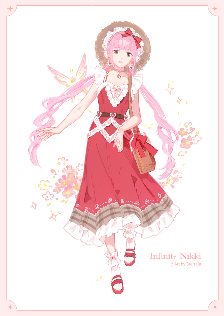 1girl, ankle_bow, ankle_ribbon, bag, bag_bow, bare_arms, bare_shoulders, belt