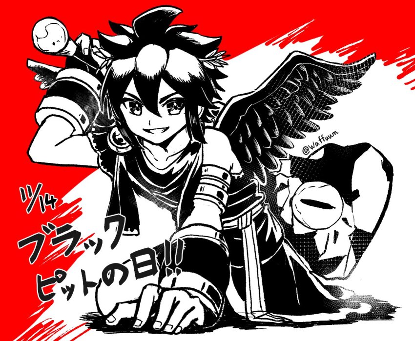 1boy, armlet, artist_name, belt, bracer, collarbone, dark_pit, feathered_wings