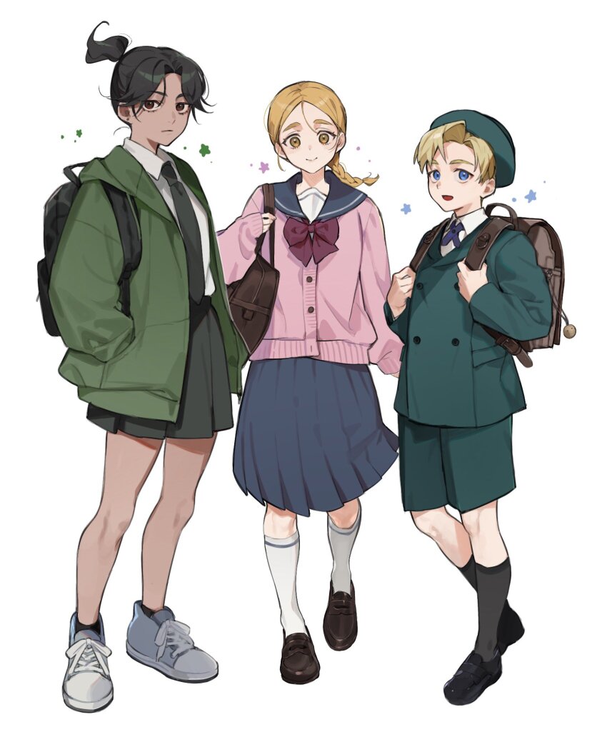 1boy, 2girls, alternate_universe, backpack, bag, black_bag, black_hair, black_necktie