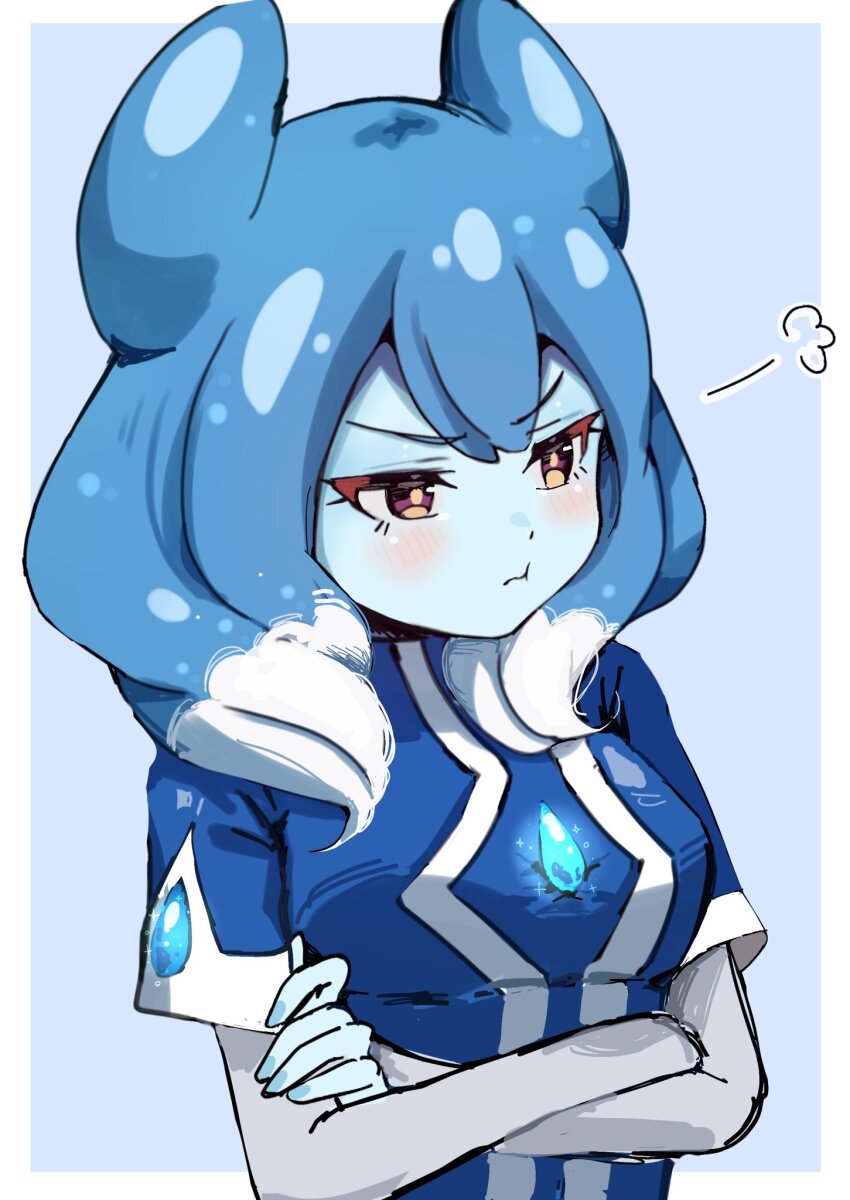 1girl, angry, blue_hair, blue_shirt, blue_skin, blush, breasts, closed_mouth