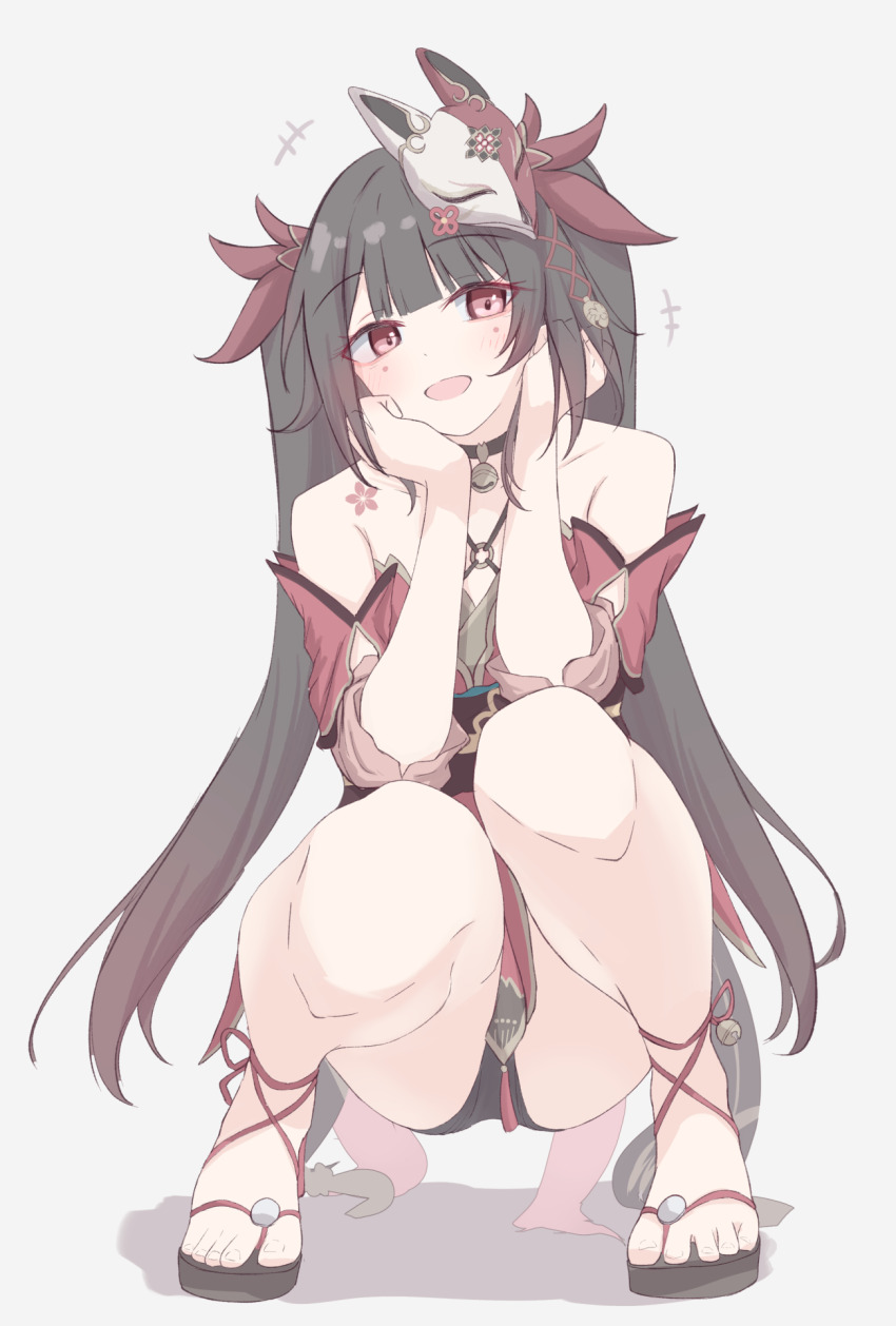 +++, 1girl, :d, bare_shoulders, bell, black_choker, blush, brown_hair, choker, criss-cross_halter, cross-laced_shoes, detached_sleeves, dress, flower_tattoo, fox_mask, full_body, hair_bell, hair_ornament, halterneck, hands_on_own_cheeks, hands_on_own_face, happy, highres, honkai:_star_rail, honkai_(series), long_hair, looking_at_viewer, mark_under_both_eyes, mask, mask_on_head, neck_bell, open_mouth, pink_eyes, red_dress, red_sleeves, revision, sandals, shoes, simple_background, smile, solo, sparkle_(honkai:_star_rail), squatting, straight-on, tattoo, toenails, toes, tofu_thunder, twintails, white_background