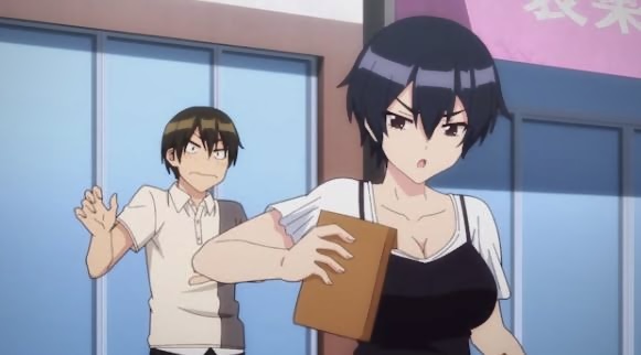 black_hair, black_shirt, kokonoe_aki_(modaete_yo_adam-kun), manga_(object), shirt, short_hair, skirt, white_skirt