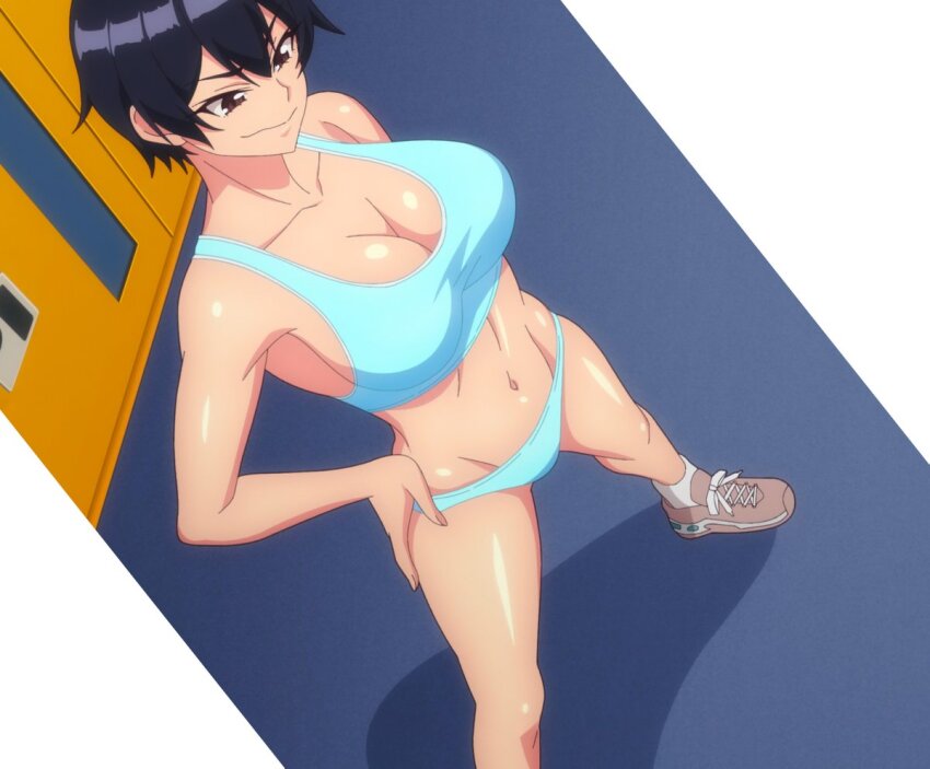1girl, black_hair, blue_bra, blue_panties, bra, brown_eyes, grin, hands_on_own_hips, kokonoe_aki, kokonoe_aki_(modaete_yo_adam-kun), locker, locker_room, panties, shoes, short_hair, smile, smirk, underwear