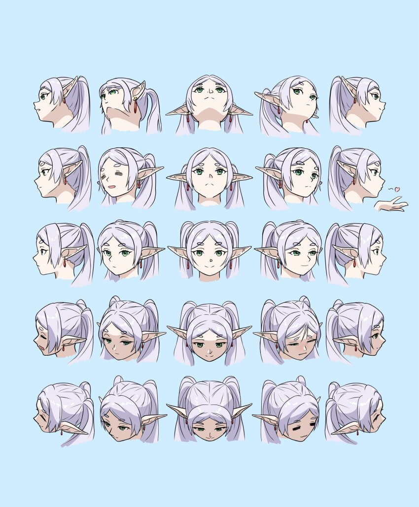 1girl, 25_perspective_box_exercise, blowing_kiss, blue_background, commentary, cropped_head, earrings, elf