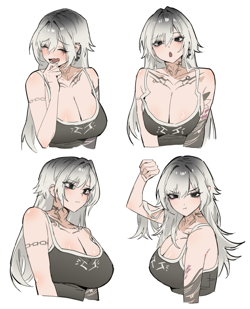 1girl, absurdres, arm_tattoo, arm_up, black_eyes, black_tank_top, breasts, chest_tattoo