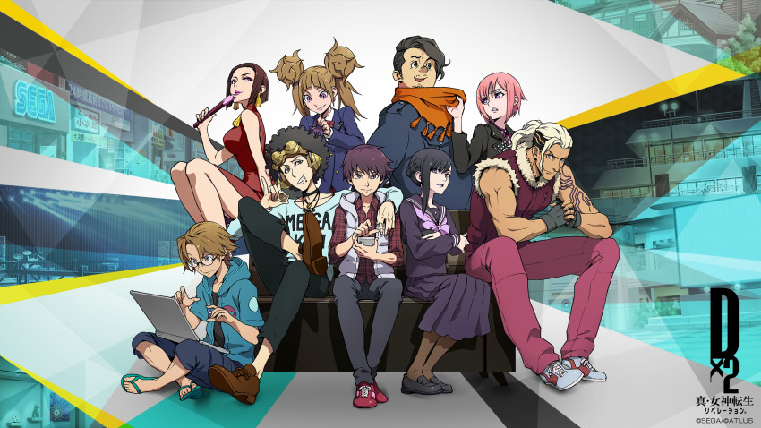 4girls, 5boys, afro, arm_around_shoulder, arm_tattoo, artist_request, black_hair, black_shoes