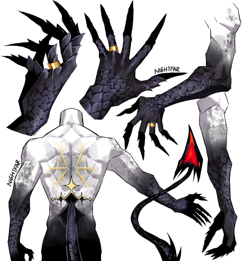 arm_focus, back, back_focus, black_scales, black_skin, colored_extremities, colored_skin, demon_boy