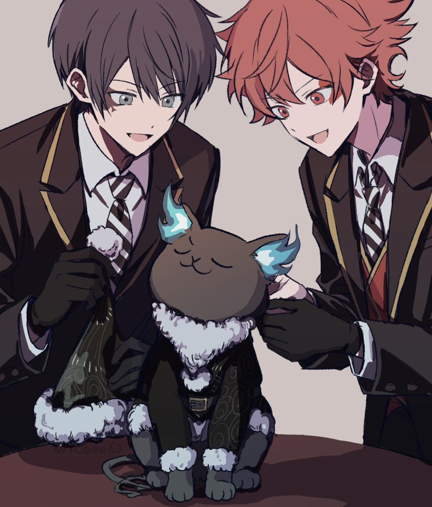 1other, 2boys, :d, ace_trappola, black_hair, closed_mouth, creature, deuce_spade