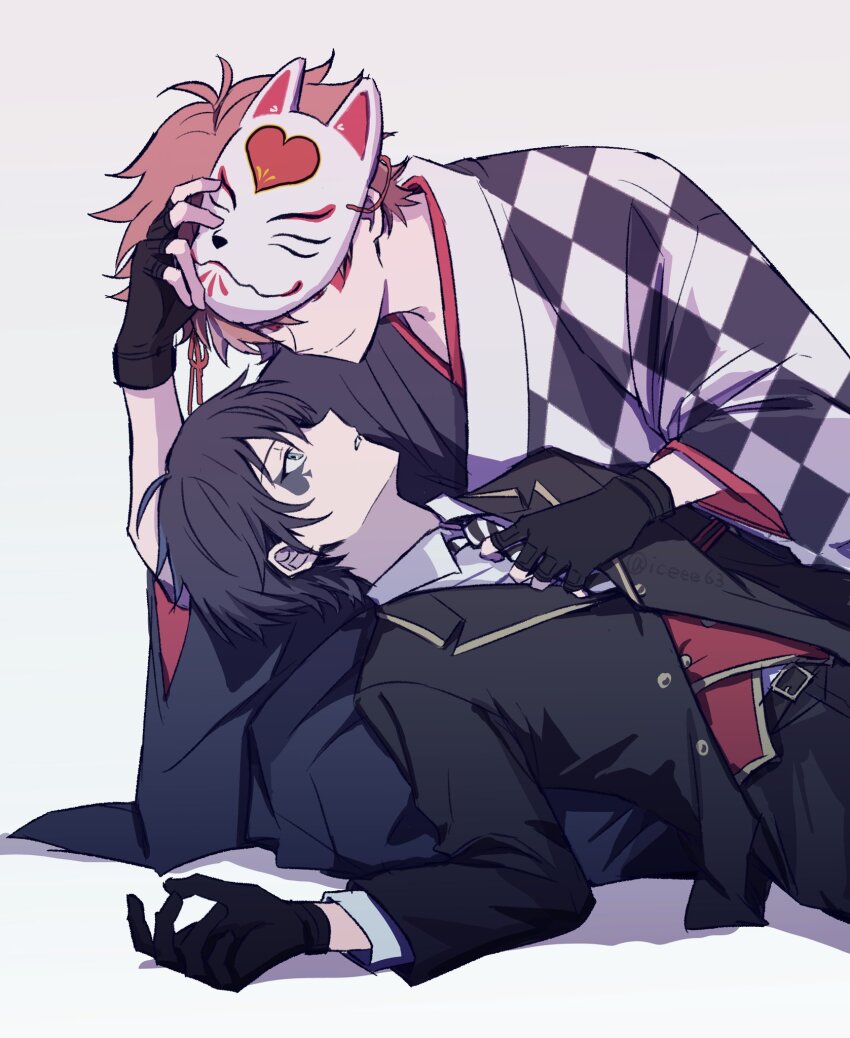 2boys, ace_trappola, ace_trappola_(new_year's_attire), black_gloves, black_hair, closed_mouth, deuce_spade, fingerless_gloves, formal_clothes, gloves, highres, iceee63, looking_at_another, mask, multiple_boys, necktie, red_hair, smile, suit, teeth, twisted_wonderland, white_background