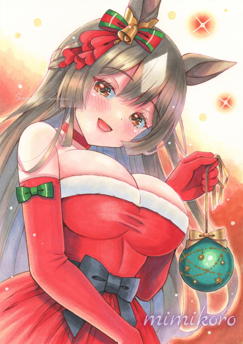 1girl, absurdres, animal_ears, bare_shoulders, bell, black_bow, blush, bow, braid, breasts, brown_eyes, brown_hair, choker, christmas, christmas_ornaments, double-parted_bangs, dress, ear_bow, ear_ornament, ear_ribbon, elbow_gloves, fur-trimmed_dress, fur_trim, gloves, green_bow, hair_between_eyes, half_up_braid, highres, holding, horse_ears, horse_girl, large_breasts, long_hair, looking_at_viewer, mimikuro, multicolored_hair, open_mouth, red_choker, red_dress, red_gloves, santa_costume, santa_dress, satono_diamond_(umamusume), smile, solo, sparkle, strapless, strapless_dress, streaked_hair, traditional_media, umamusume, very_long_hair