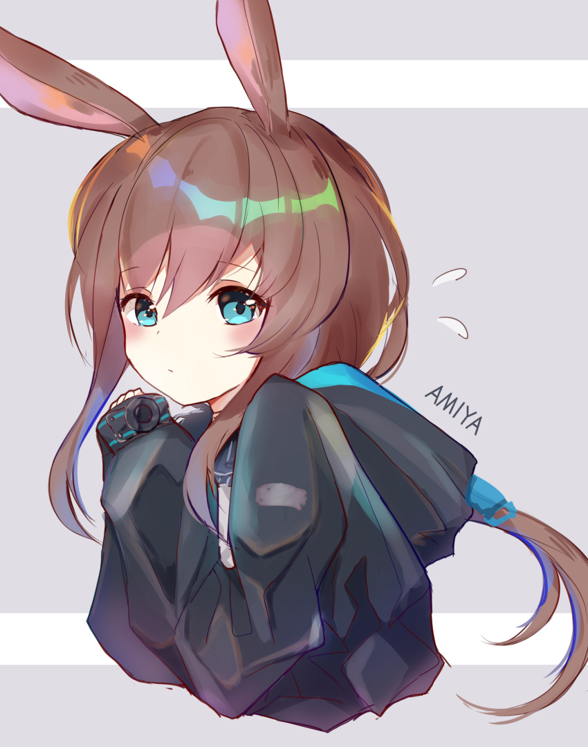 1girl, absurdres, amiya_(arknights), animal_ears, arknights, ascot, black_jacket, blue_ascot
